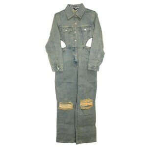 PrettyLittleThing Petite Cut-Out Denim Jumpsuit With Distressed Knees Size 4